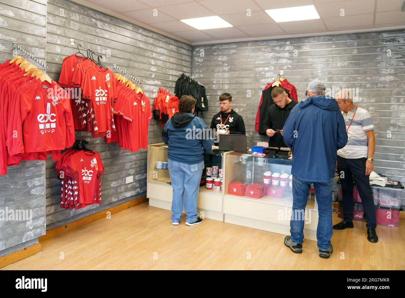 Kidderminster Harriers fans in the club shop before the Vanarama National League match at Aggborough Stadium, Kidderminster. Picture date: Saturday August 5, 2023. Stock Photo