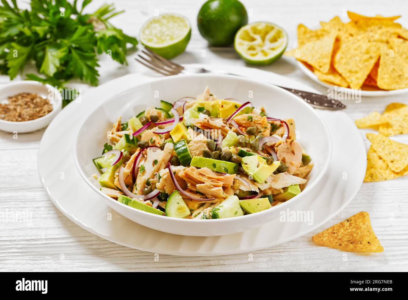 tuna salad with avocado, red onion, cucumber and capers with olive oil