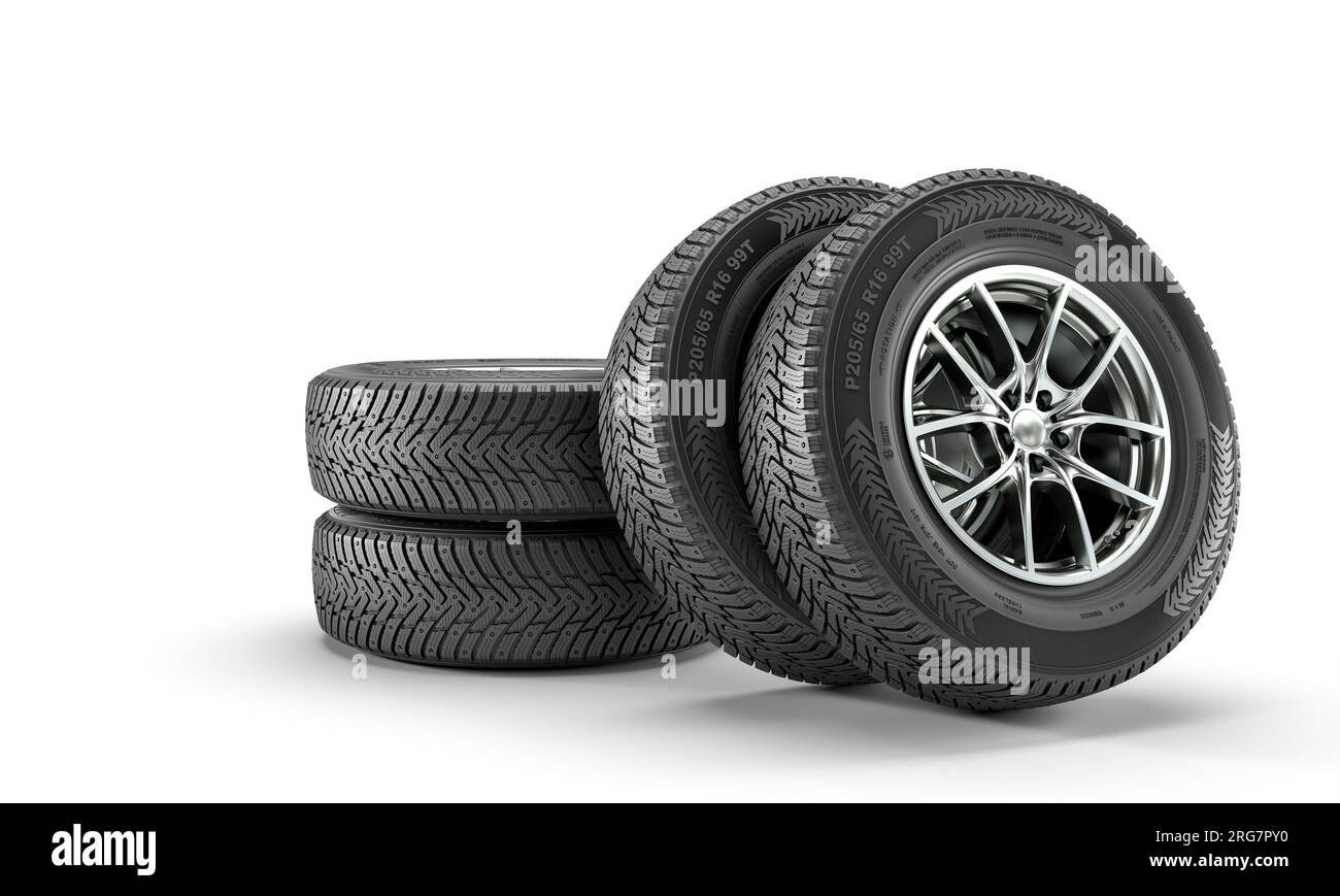 winter tyres with modern rims on a white background. 3d render Stock