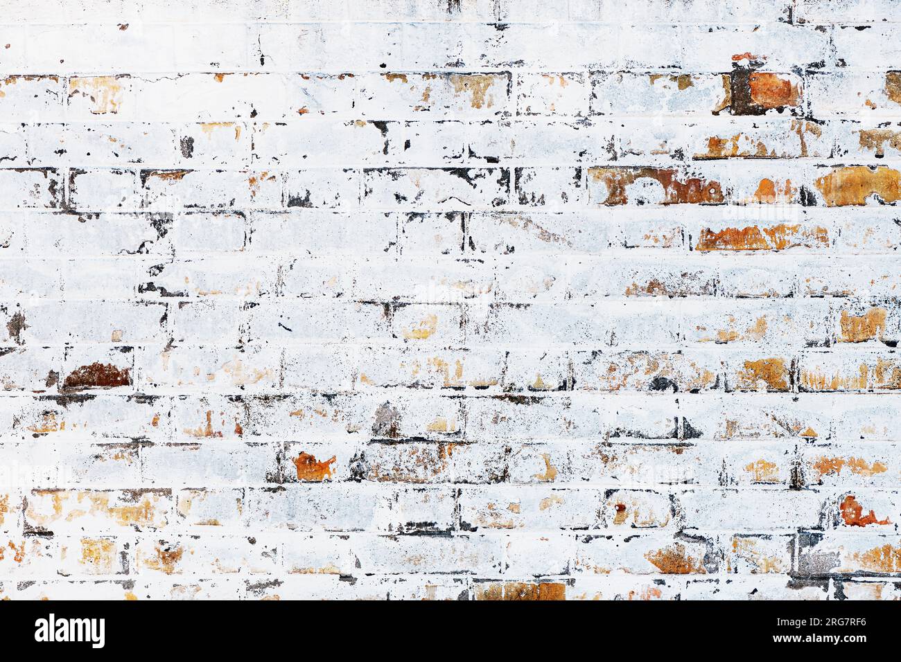 Old brick wall with white paint peeling off the surface, grunge texture and background Stock Photo