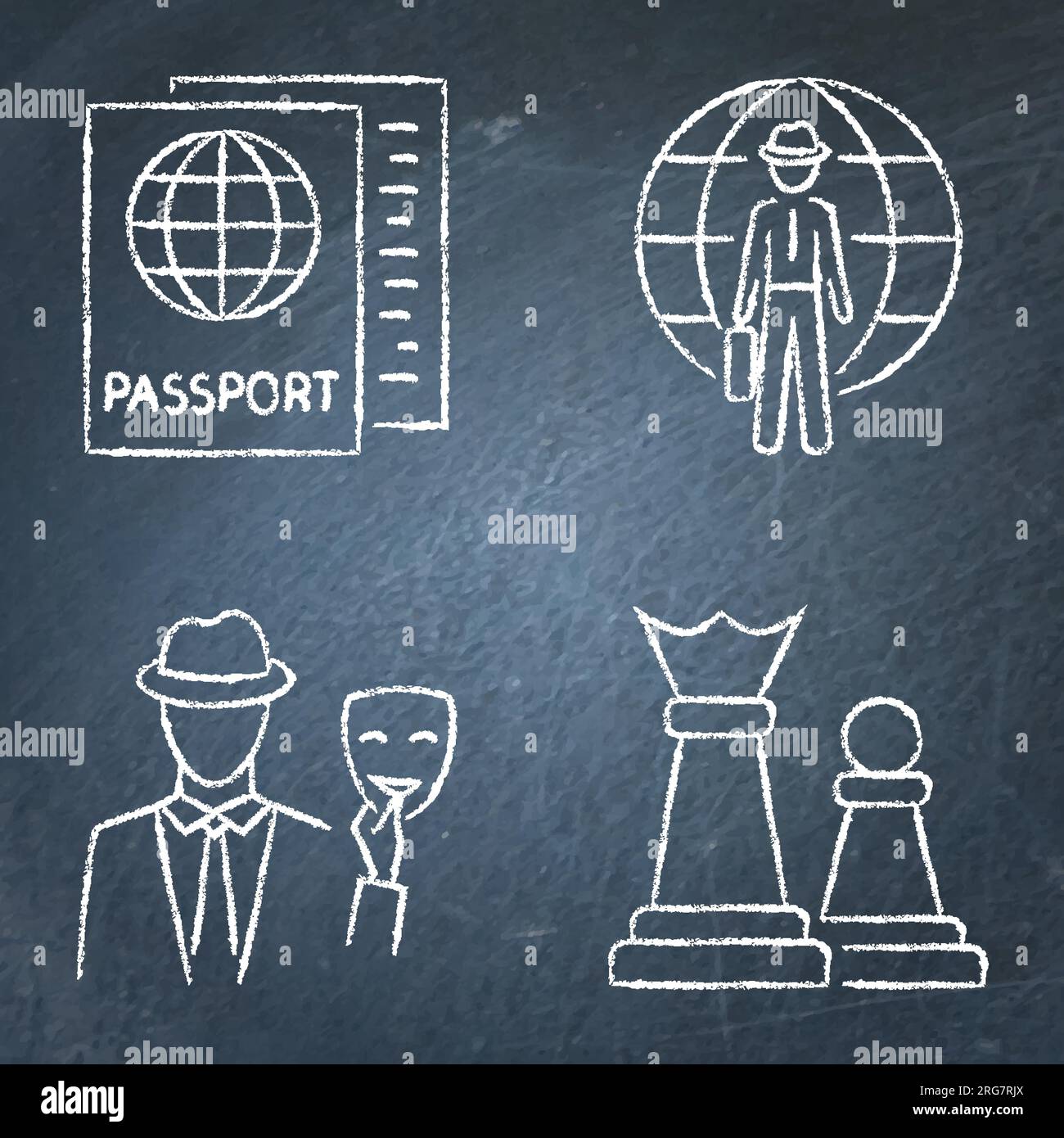 Diplomacy and spy agent icon set on chalkboard. Vector illustration. Stock Vector