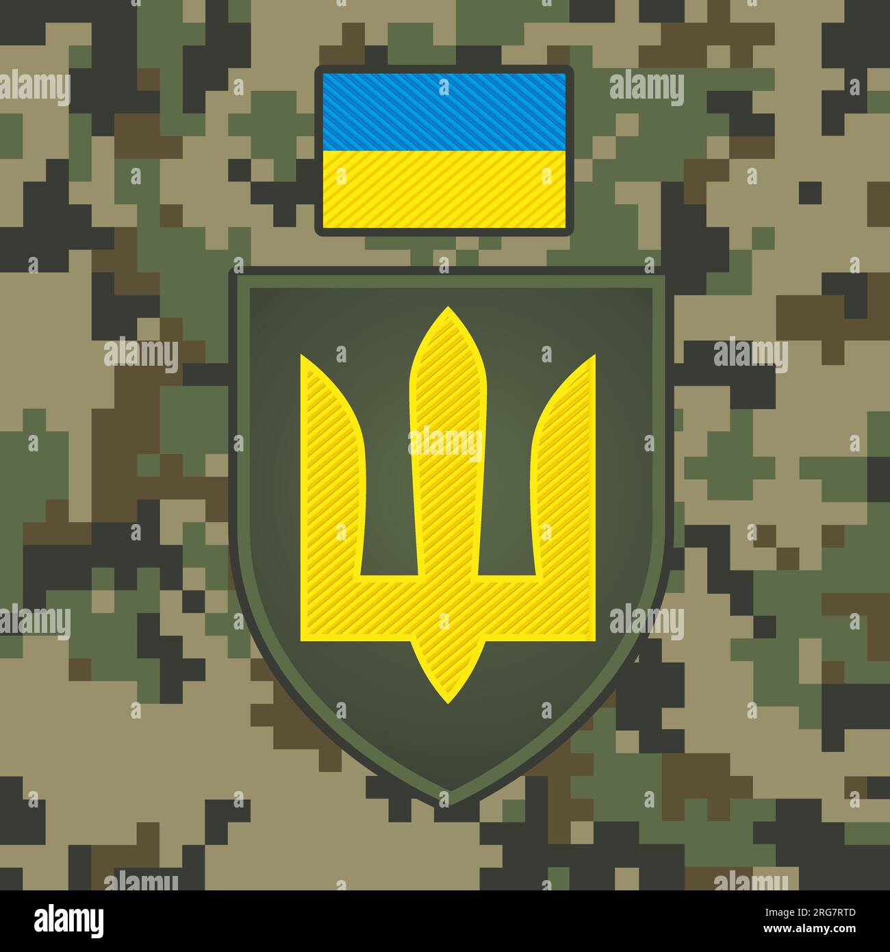 Military patch of the Ukrainian army on pixel camouflage background. The trident emblem of the Ukrainian Ground Forces on a pixelated seamless pattern Stock Vector