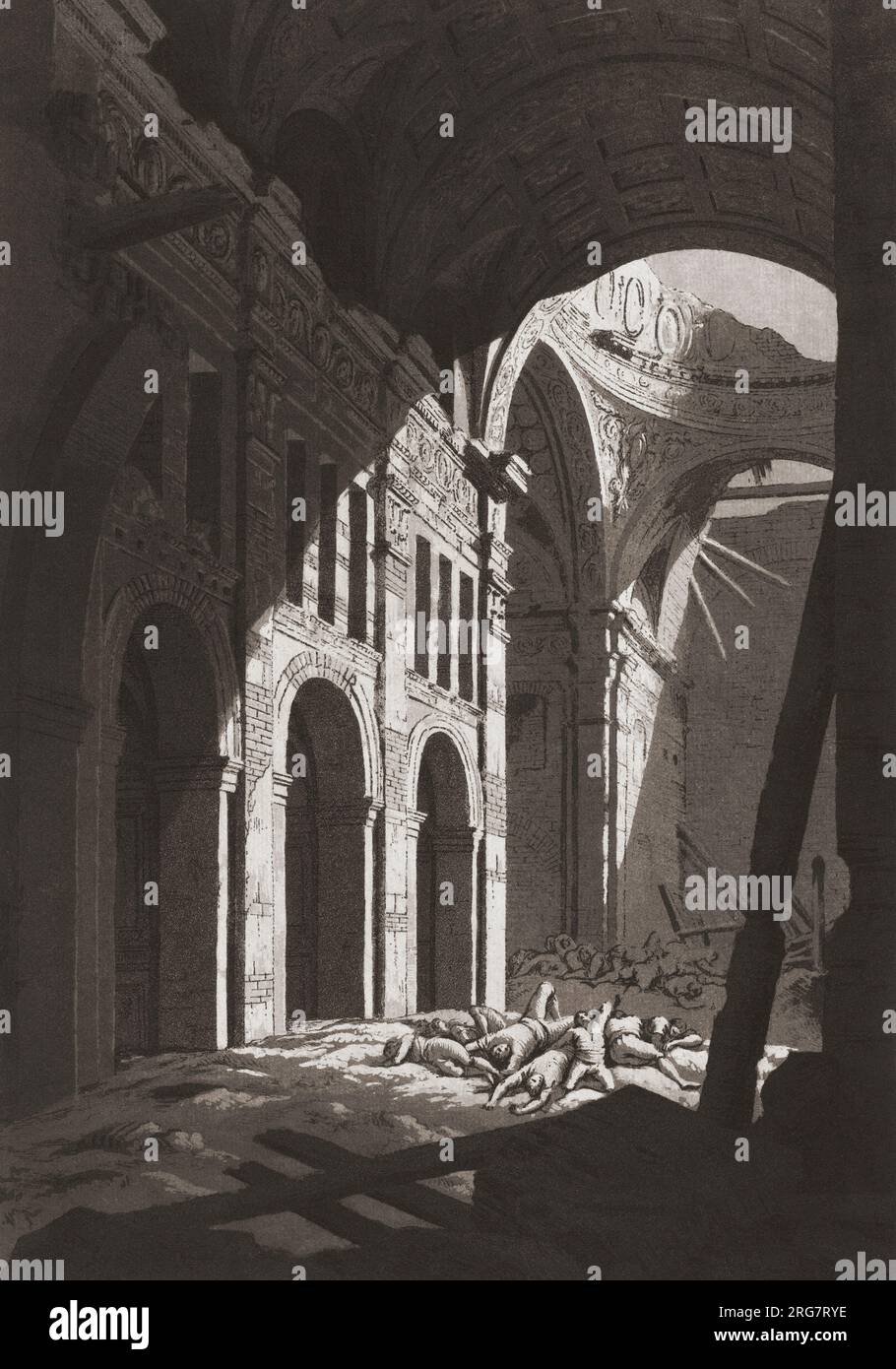 Ruins of the Church of Carmen, Zaragoza, Spain after its second siege by the French, 1808 to 1809, during the Peninsula War.  After a print by Juan Galvez and Fernando Brambia. Stock Photo
