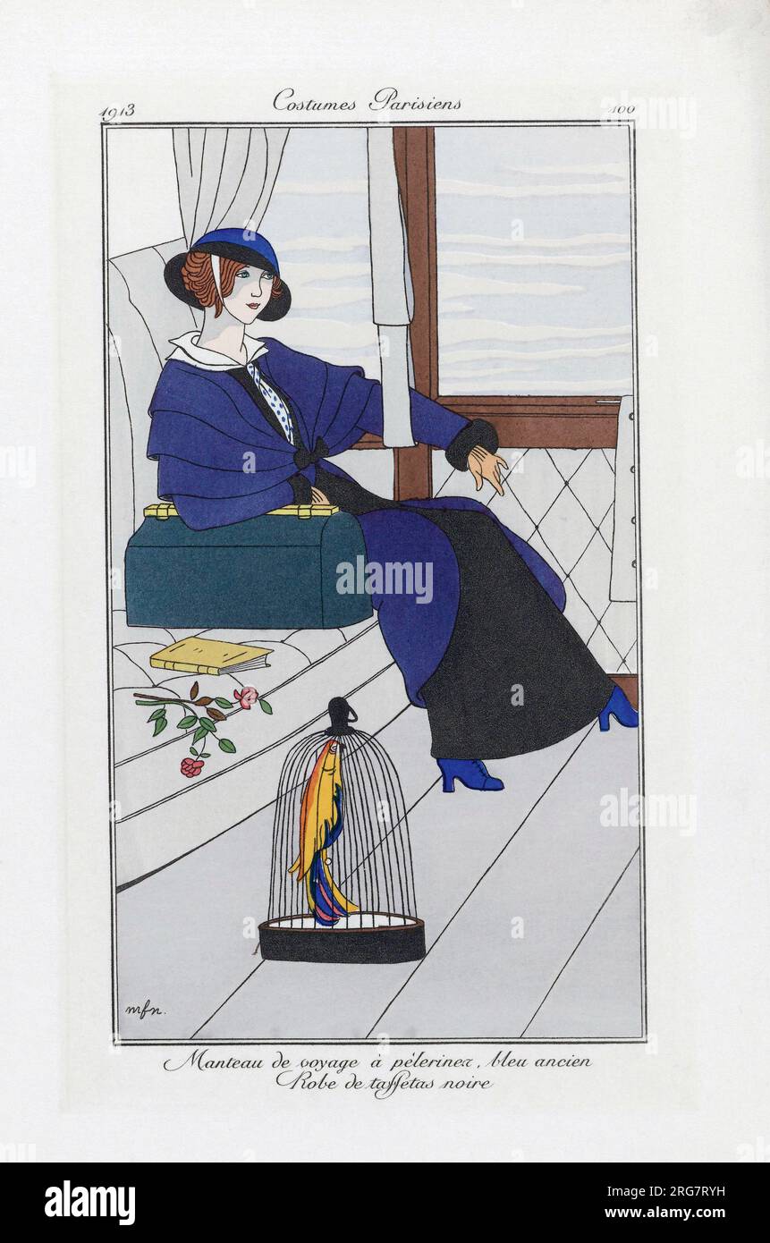 Bllue pilgrim travel coat,  black taffeta dress.  Print from the high fashion magazine Journal des Dames et des Modes, published from June 1, 1912 to August 1, 1914. Stock Photo