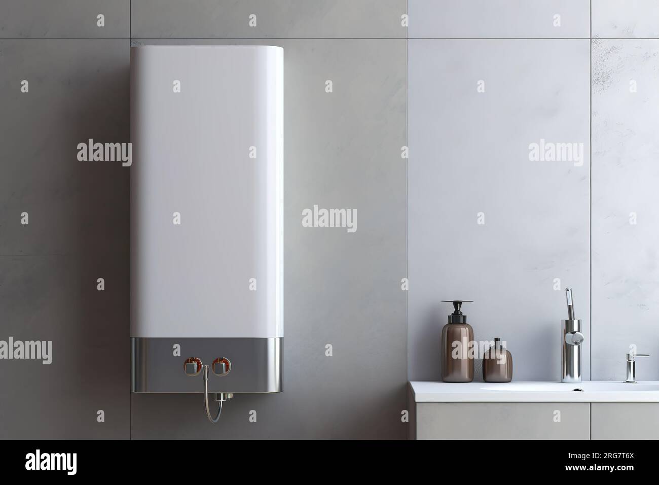 Wall in the bathroom with a mounted gas water heater. Gas boiler Stock