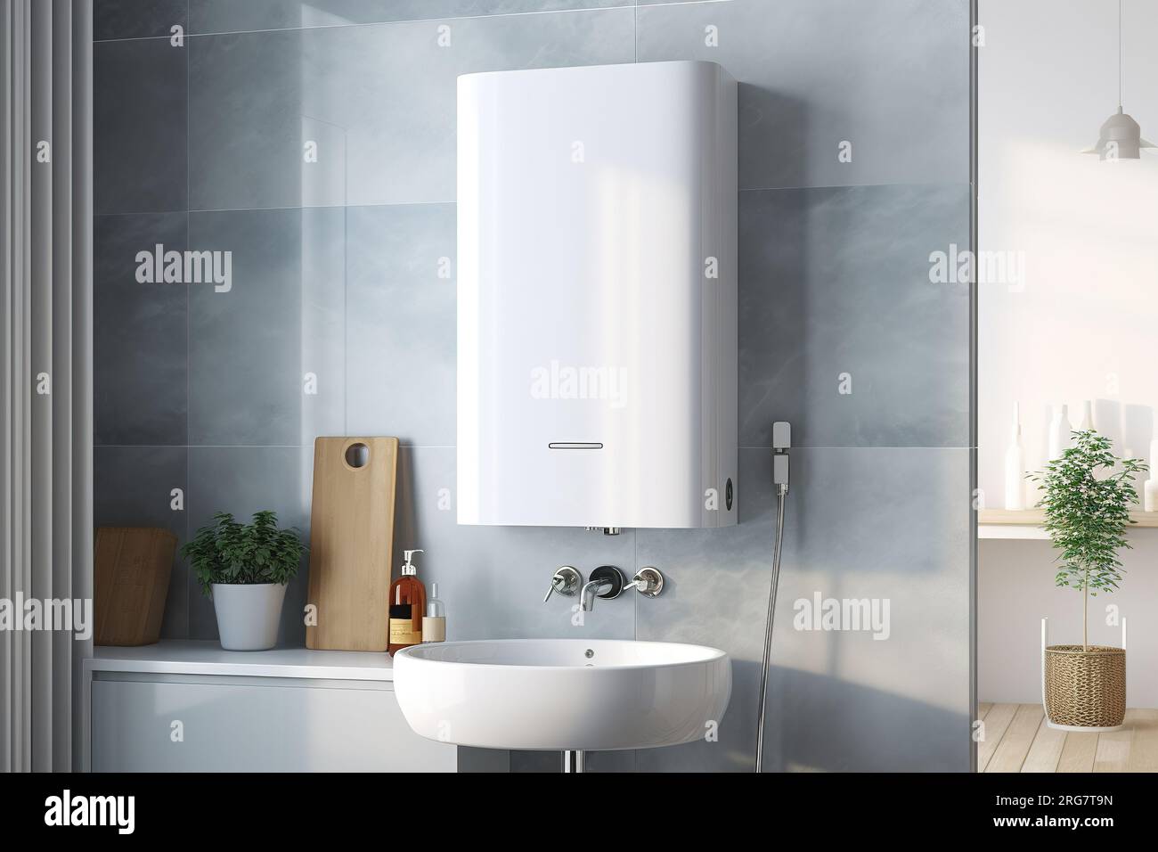 Wall in the bathroom with a mounted gas water heater. Gas boiler Stock  Photo - Alamy