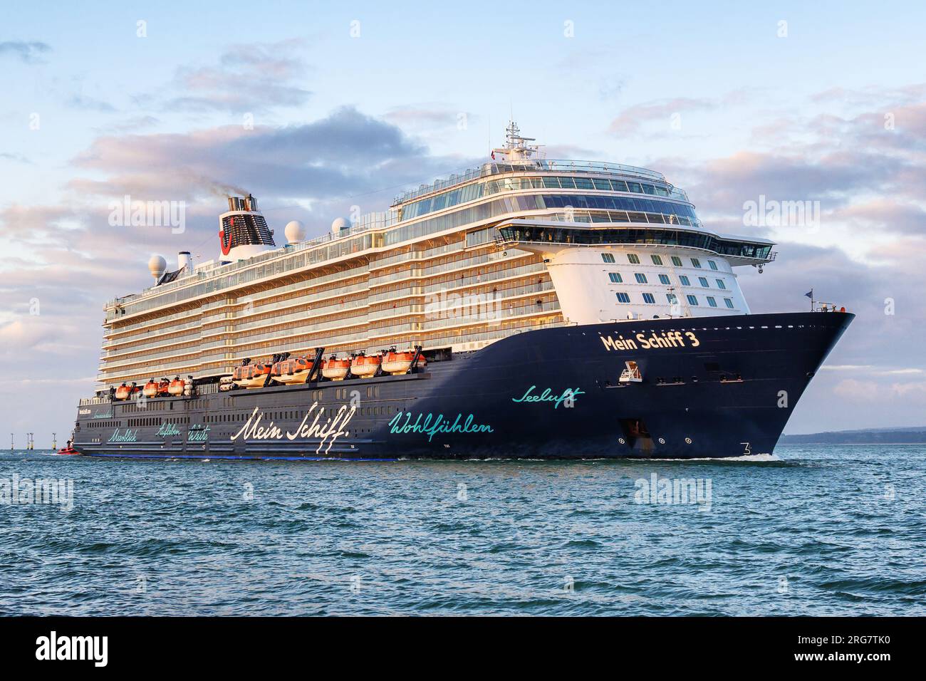 Mein Schiff 3 is a cruise ship operated by TUI Cruises, pictured entering Portsmouth, becoming the largest ever vessel to use the harbour. Stock Photo
