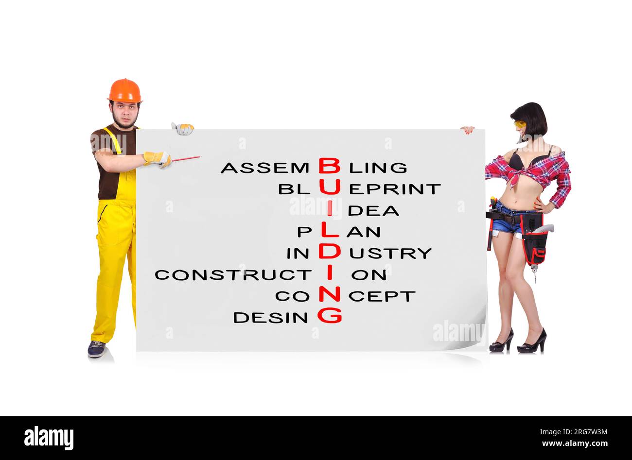 woman and builder holding poster with drawing building crossword Stock