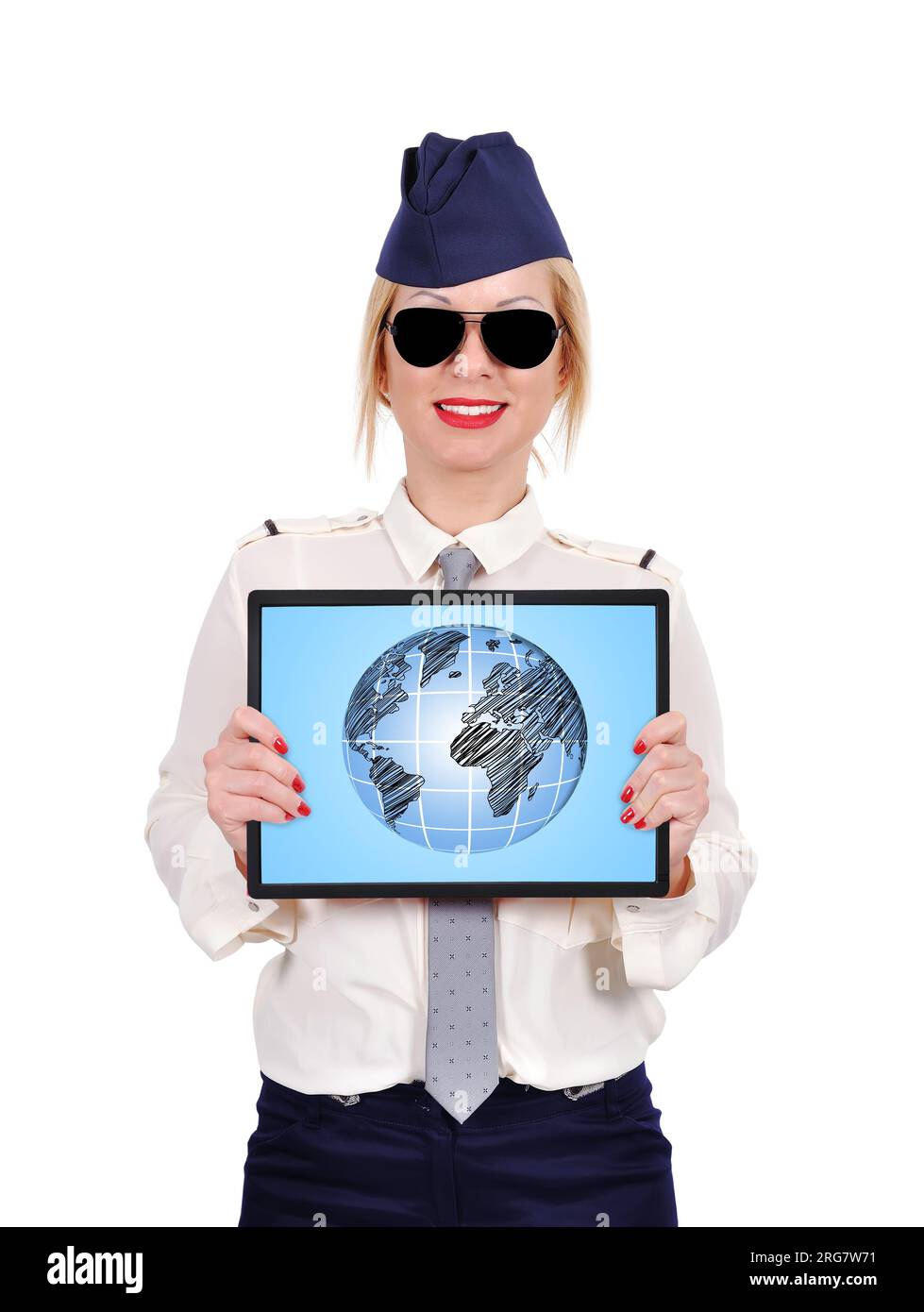 Flight attendant holding laptop with earth on screen Stock Photo - Alamy