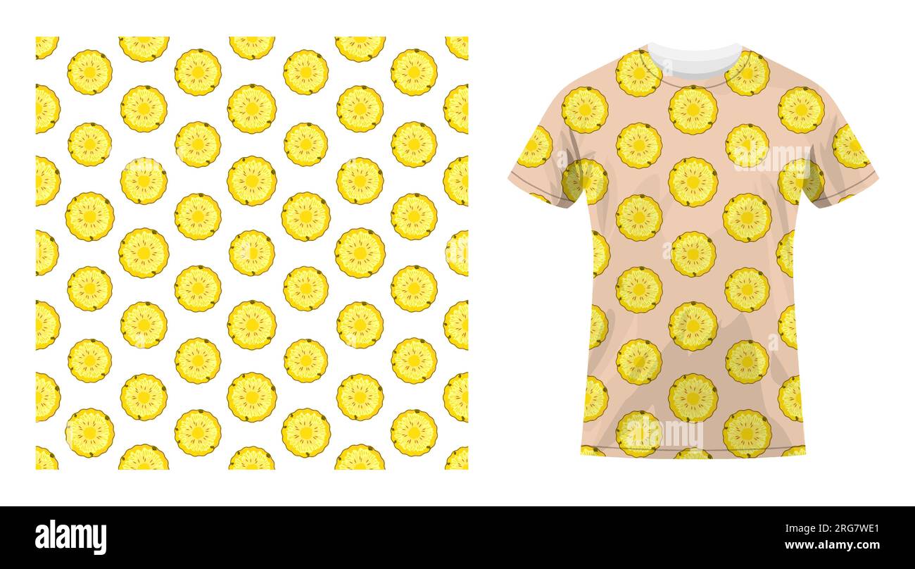 Short sleeved cotton sports t shirt decorated seamless pattern with pineapple circle. Tropical fruits. Cook uniform. Comfortable summer clothes. Vecto Stock Vector