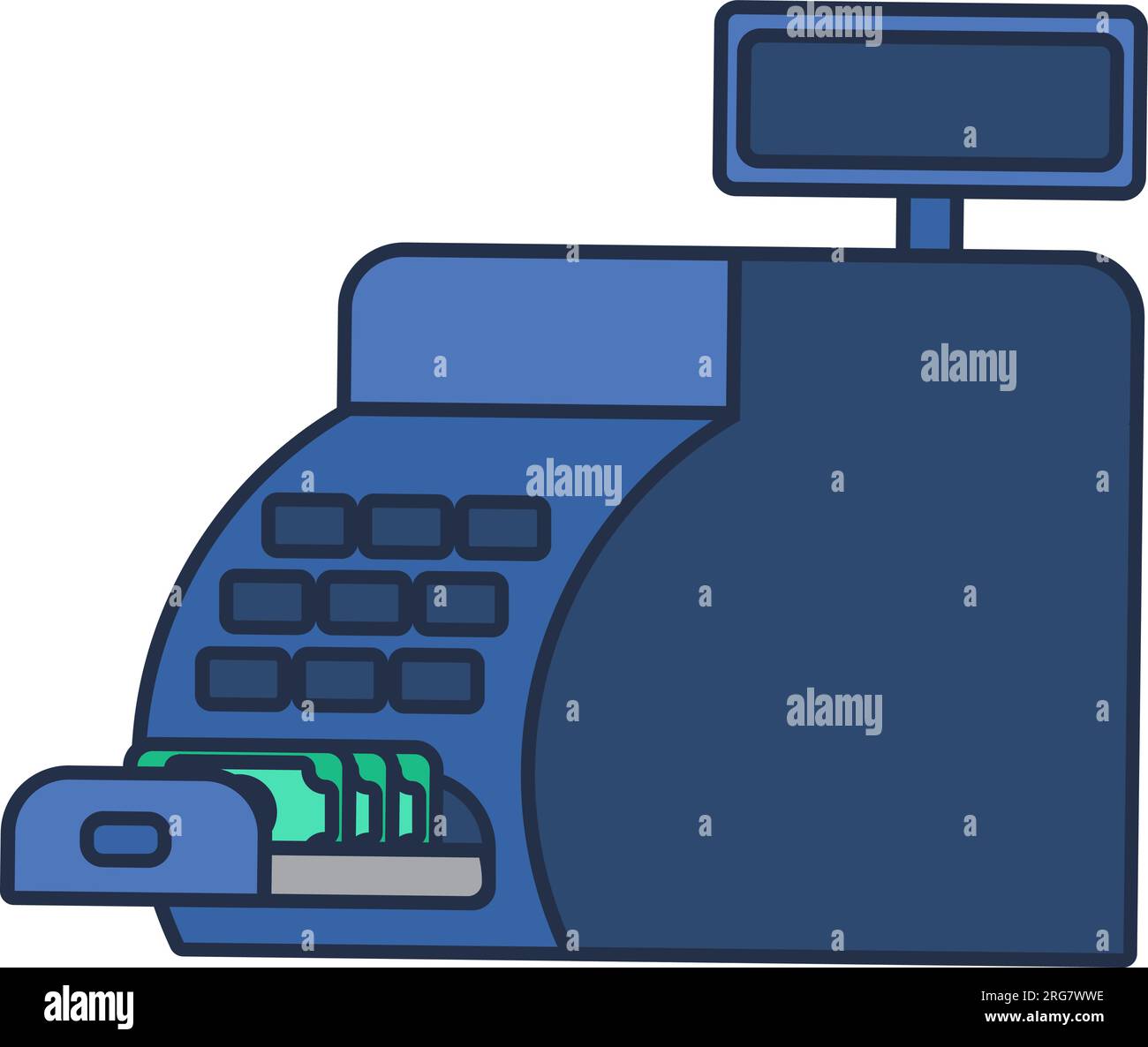 Blue cash register with full money bill acceptor. Device for safe