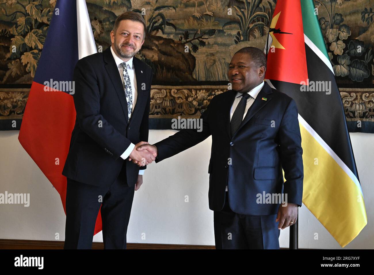 Prague, Czech Republic. 08th Aug, 2023. Czech Interior Minister Vit Rakusan (left) meets Mozambican President Filip Nyusi in Prague, Czech Republic, August 8, 2023. Credit: Michaela Rihova/CTK Photo/Alamy Live News Stock Photo