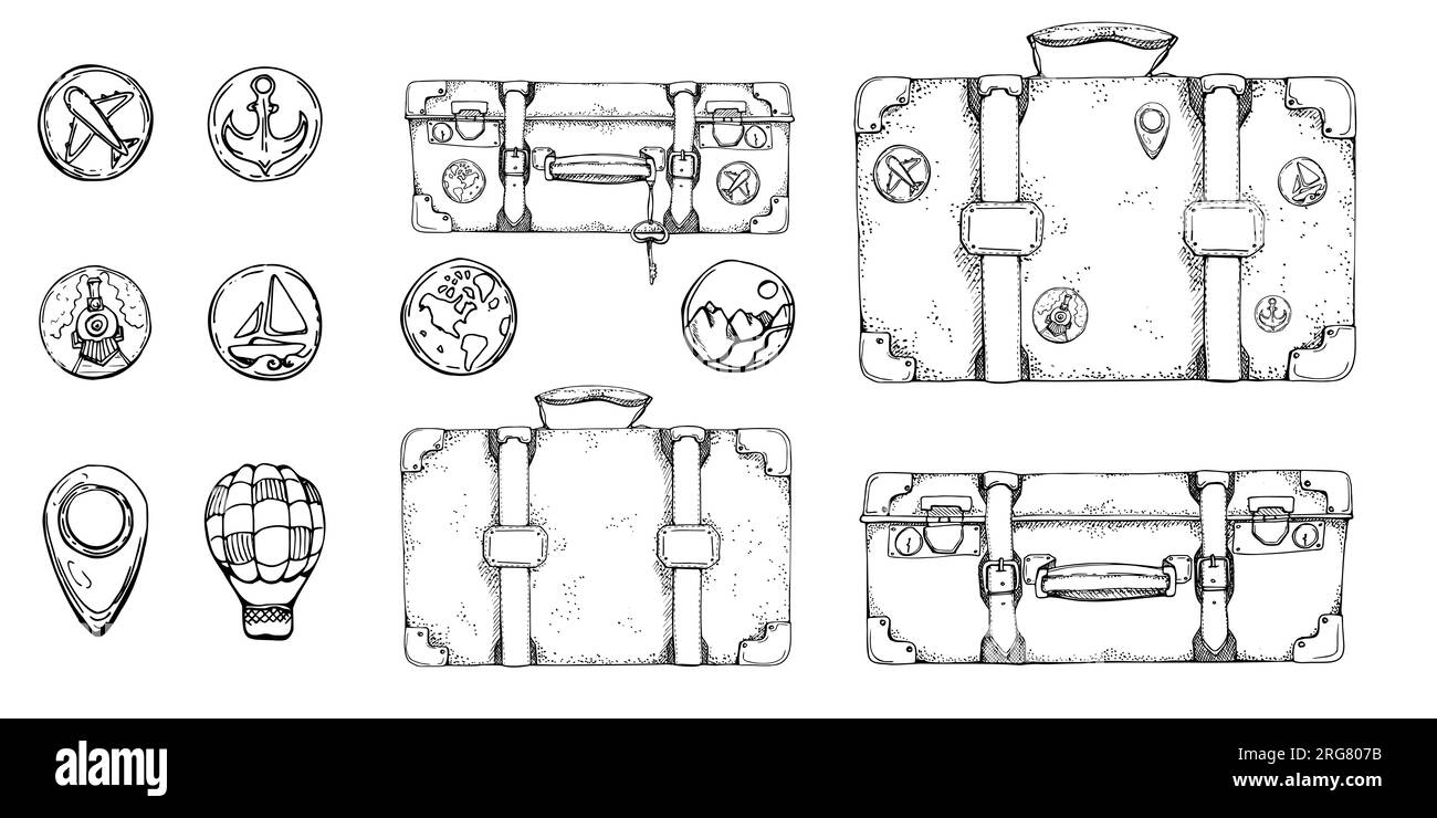 Flat Vector Icon Of Retro Suitcase With Stickers Vintage Travel