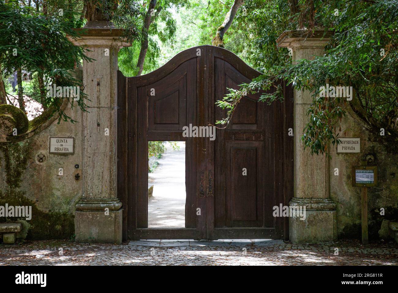 Sintra, Portugal, July 29, 2023 entrance to Ribafria Estate, wooden