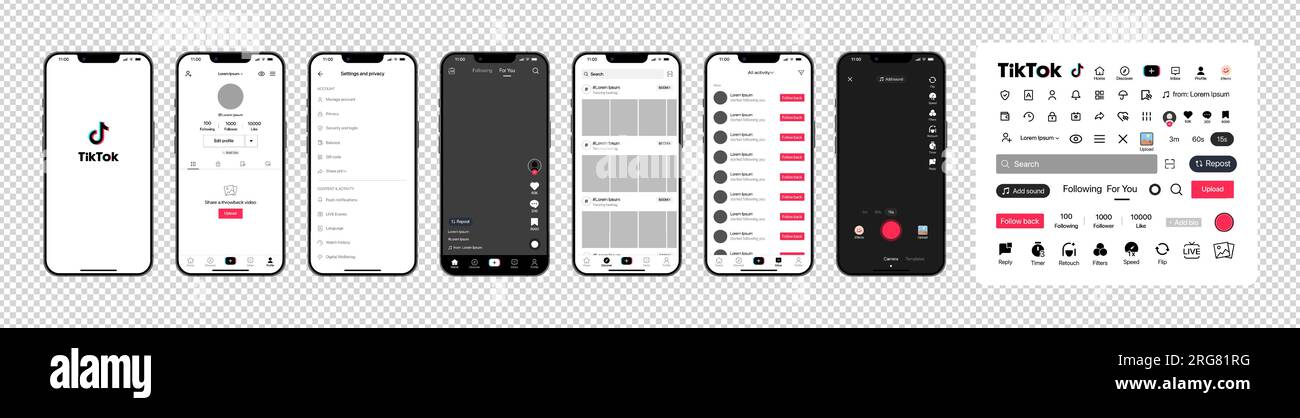 Tik Tok design. Set Tik Tok screen social media and social network ...