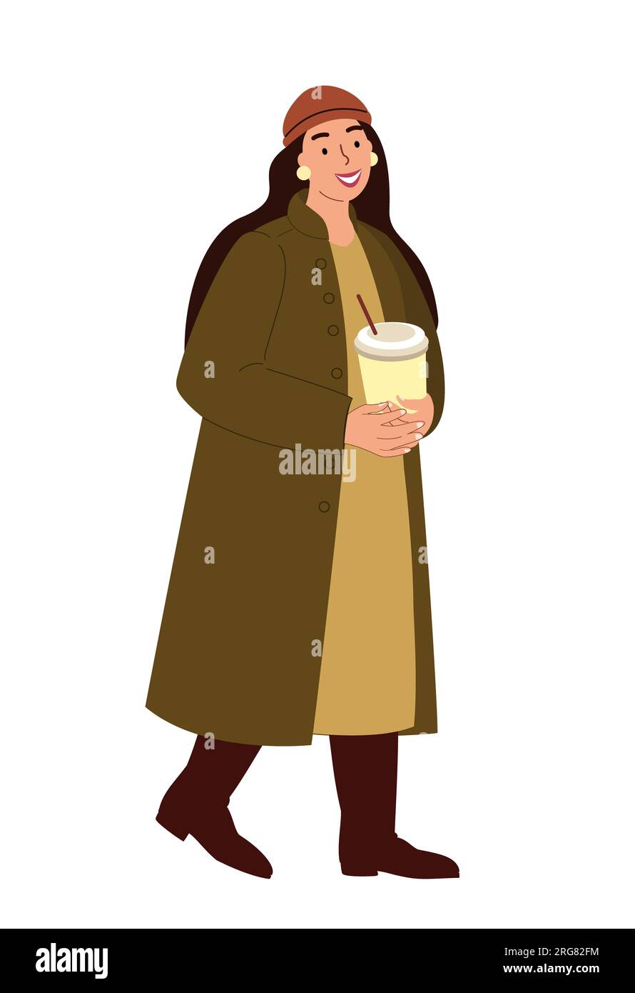 Woman in Modern Olive Coat Walking and Drinking Coffe.Autumn Town Template.Stylish Girl,Coffee Cup in Hands Wearing Trendy Outfit.Fashion Women,Cold S Stock Photo