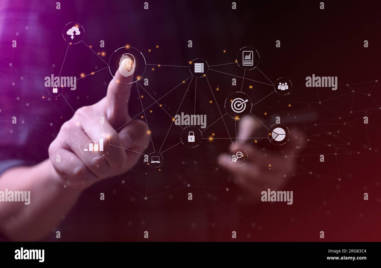 Fingerprint Technology, Big Data Encryption, Cloud data for achievement objectives target concept. Encrypting digital data with fingerprints Stock Photo
