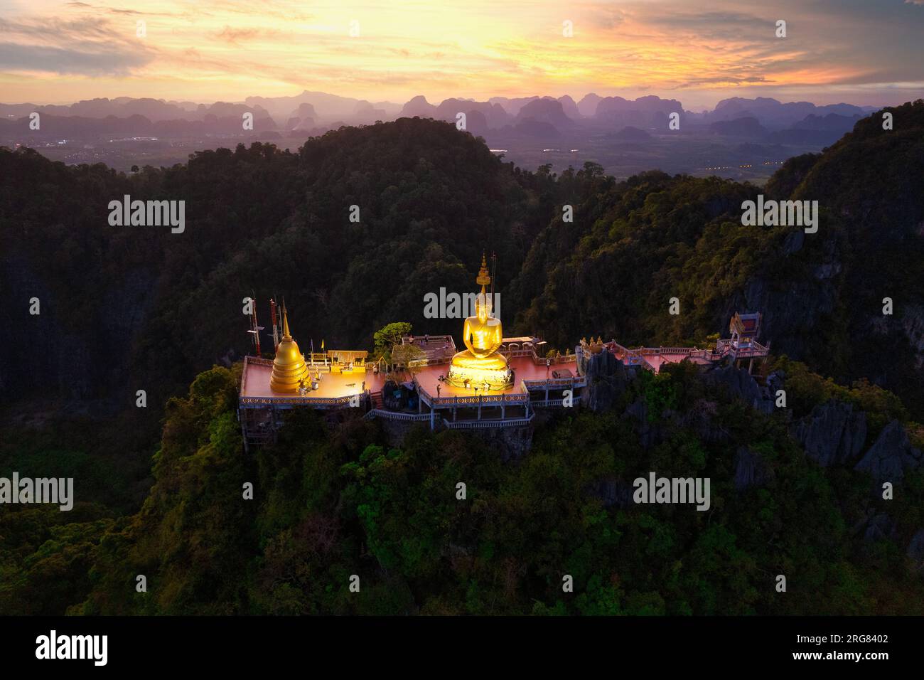 Aerial view of the Tiger cave temple at dusk in Krabi, Thailand Stock Photo