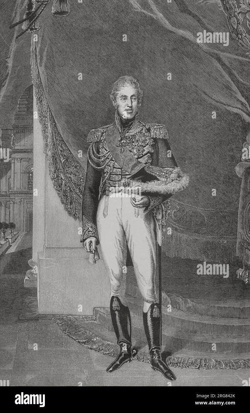 Charles X of France (1757-1836). King of France and Navarre from 1824 to 1830. He abdicated after a liberal revolution in 1830. Portrait. Drawing by Cabasson after a painting from Sir Thomas Lawrence (1769-1830). Engraving by A. Quartley. 'Los Héroes y las Grandezas de la Tierra'. Volume V. 1855. Author: Guillaume-Alphonse Harang Cabasson (1814-1884). French artist. Stock Photo
