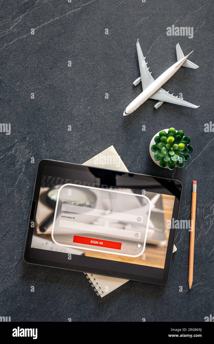 Login box, username and password inputs on virtual digital display. Stock Photo