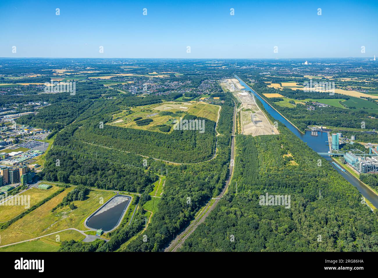 Aerial view, Wasserstadt Aden at Datteln-Hamm canal, construction area for planned city quarter, in the foreground the slag heap Großes Holz, Weddingh Stock Photo