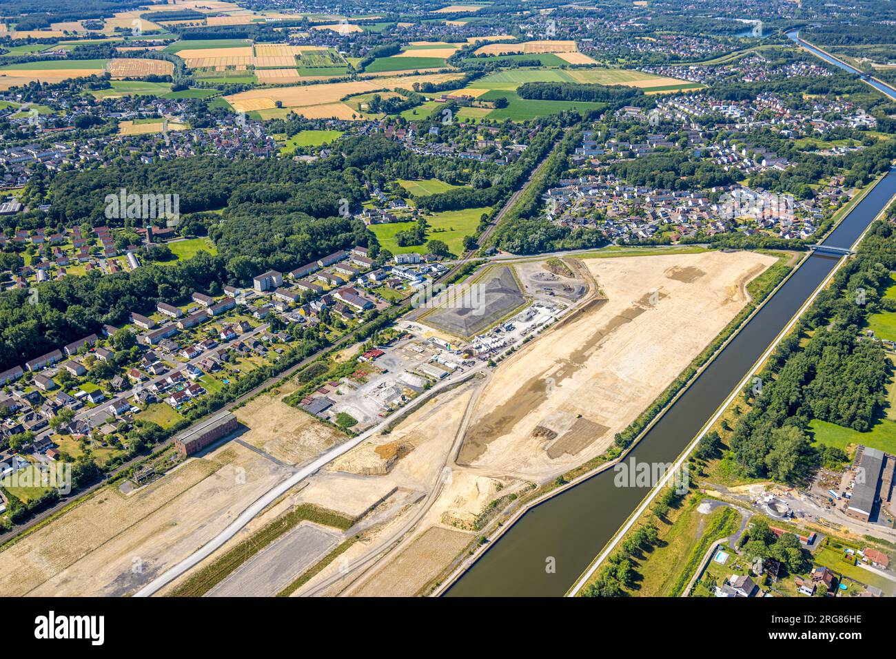 Aerial view, Wasserstadt Aden at Datteln-Hamm canal, construction area for planned city quarter, Weddinghofen, Bergkamen, Ruhr area, North Rhine-Westp Stock Photo