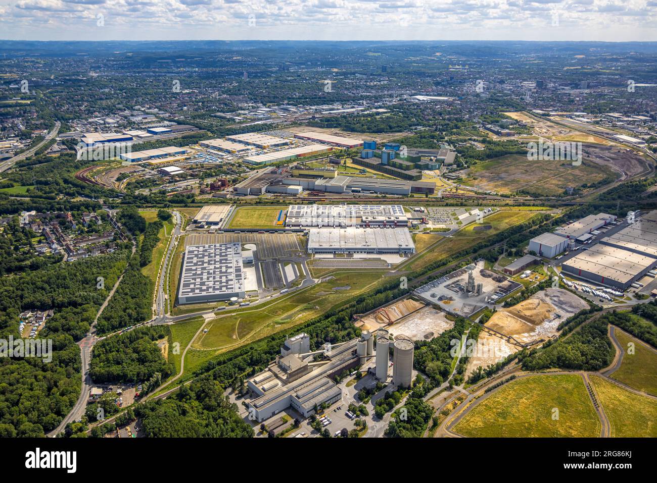 Aerial view, Westfallenhütte industrial park, Rewe Dortmund Frischelogistik, thyssenkrupp Steel Europe AG, logistics park ID Logistics with Amazon DTM Stock Photo