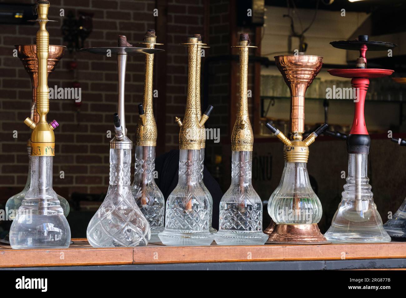 Istanbul, Turkey, Türkiye. Hookahs, Nargilehs, Water Pipes on Display at Local Cafe. Stock Photo