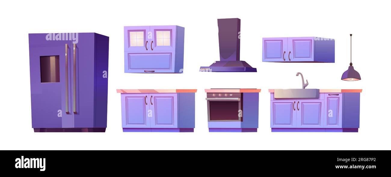Kitchen interior furniture cartoon vector set with fridge, cupboard, simple equipment and sink isolated clipart on white background. refrigerator and stove inside flat graphic for website or game Stock Vector