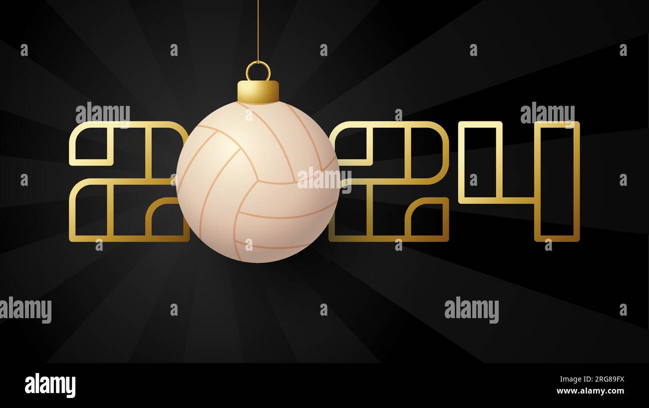 Happy New Year 2024 and volleyball ball. Sports greeting card with