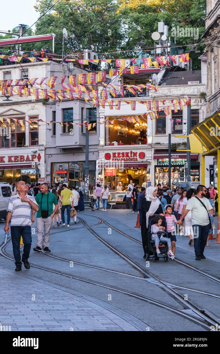 Istanbul, Turkey, Türkiye. Istiklal Street, People Walking near Tunel Funicular Station. Stock Photo