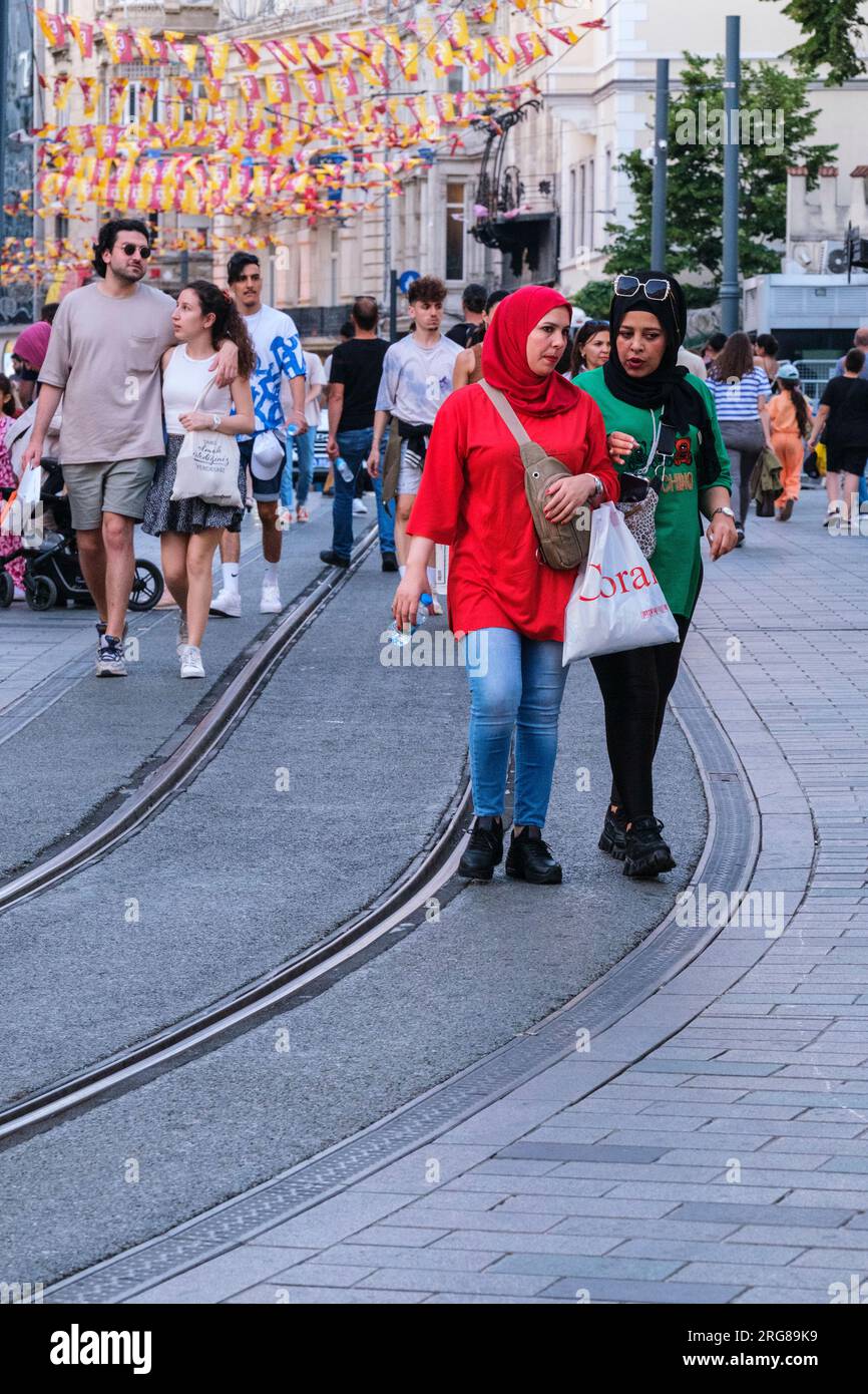Istanbul, Turkey, Türkiye. Istiklal Street, People Walking near Tunel Funicular Station. Stock Photo