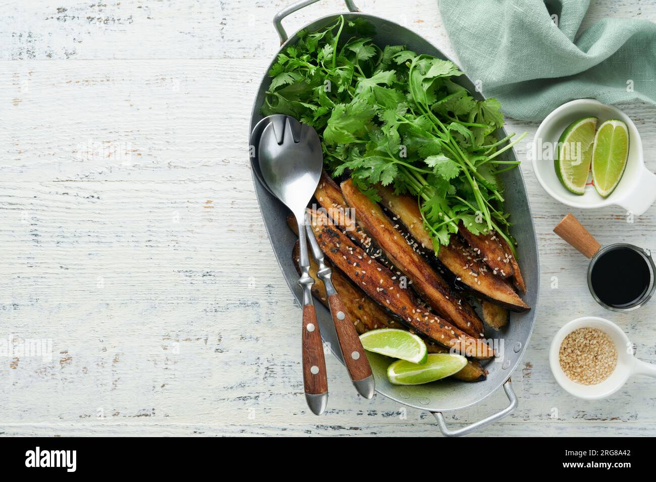 Grilled or baked eggplant slices in rice flour, with cilantro and soy ...