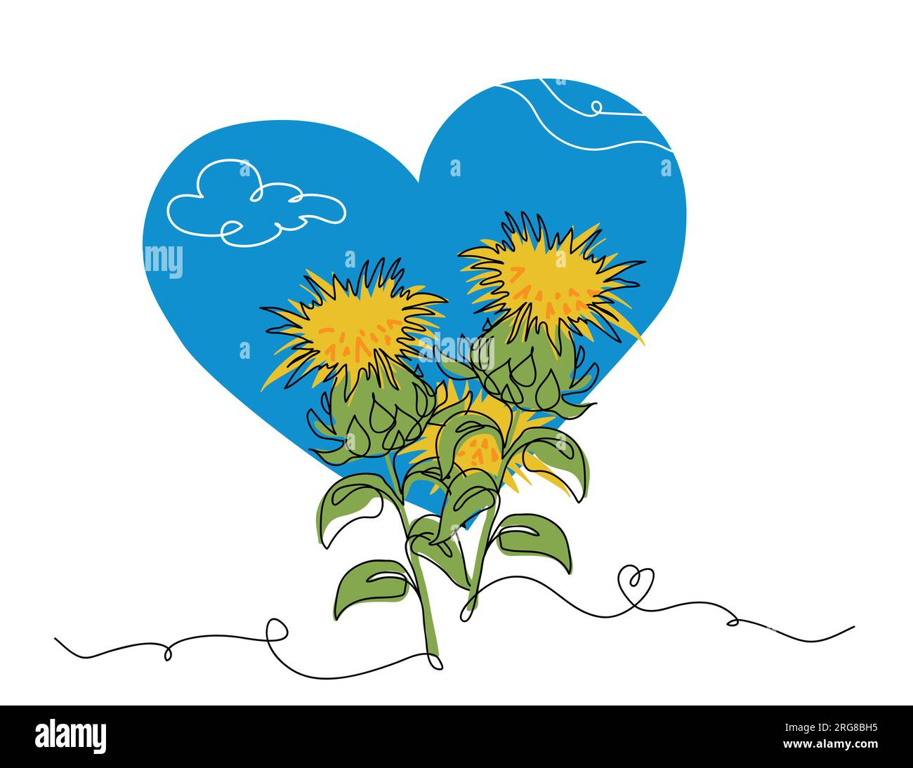Safflower flower simple vector line art illustration. Ukrainian heart