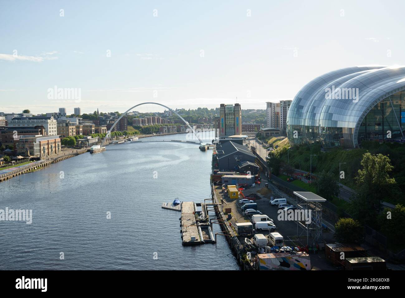 The river Tyne at Newcastle with the Gateshead Millennium Bridge in the distance. The Sage Gateshead is on the right of the image. Stock Photo