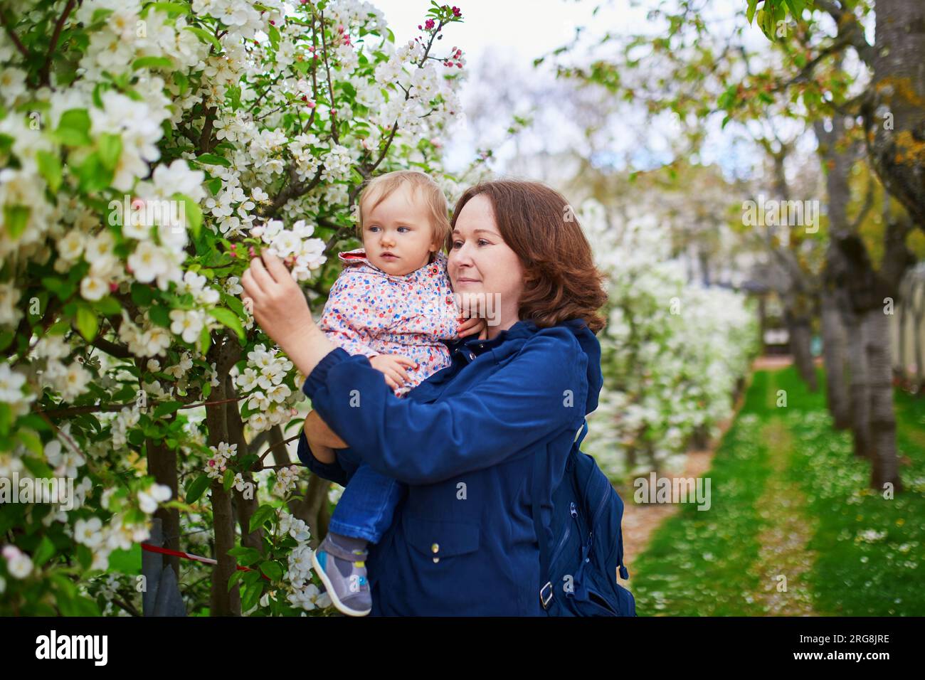 Young woman holding her 1 year old baby girl in park on a spring day. Mother and daughter enjoying apple tree blossom season. Family activities with k Stock Photo