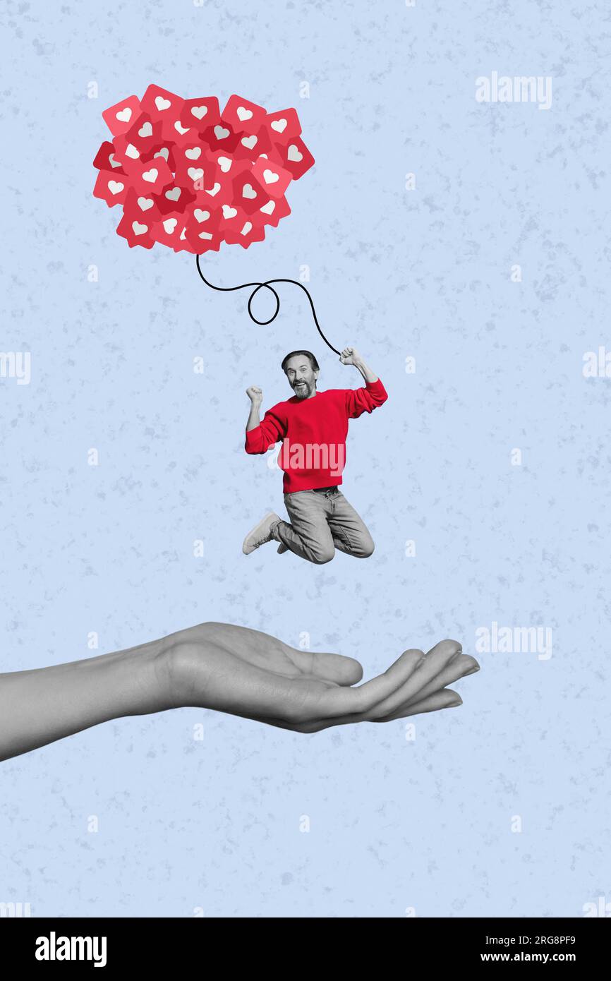 Funky jumping carefree man flying collage air ballon shape heart icons ...