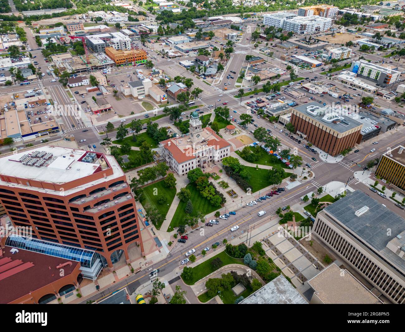 Colorado Springs, CO, USA - July 26, 2023: Aerial drone photo Pioneers Museum Colorado Springs Stock Photo