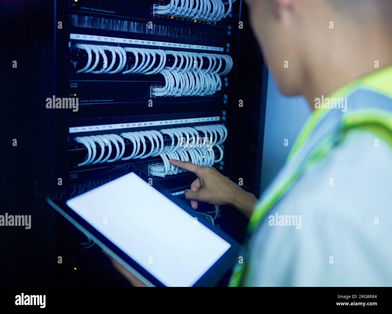 Electrician, tablet screen and control room, man with mockup and ...