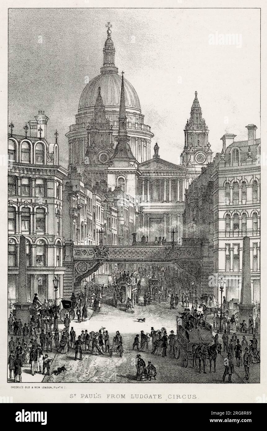 Ludgate Circus viaduct, St Paul's Cathedral appearing behind the buildings. Stock Photo