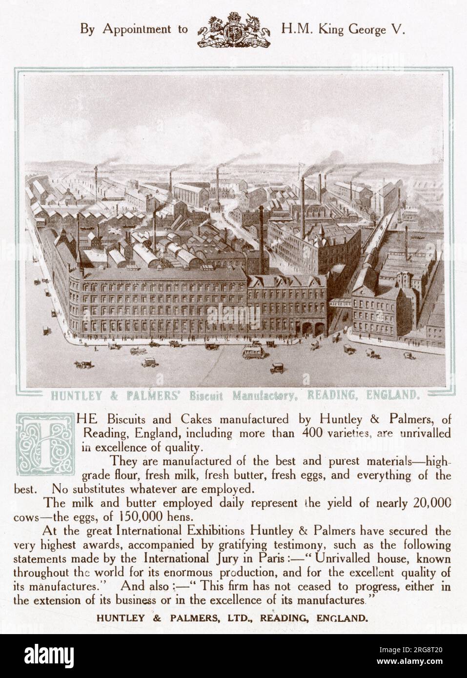 Appointment of H.M. King George V, biscuits and cakes manufacture by Huntley & Palmers, Reading England. Stock Photo
