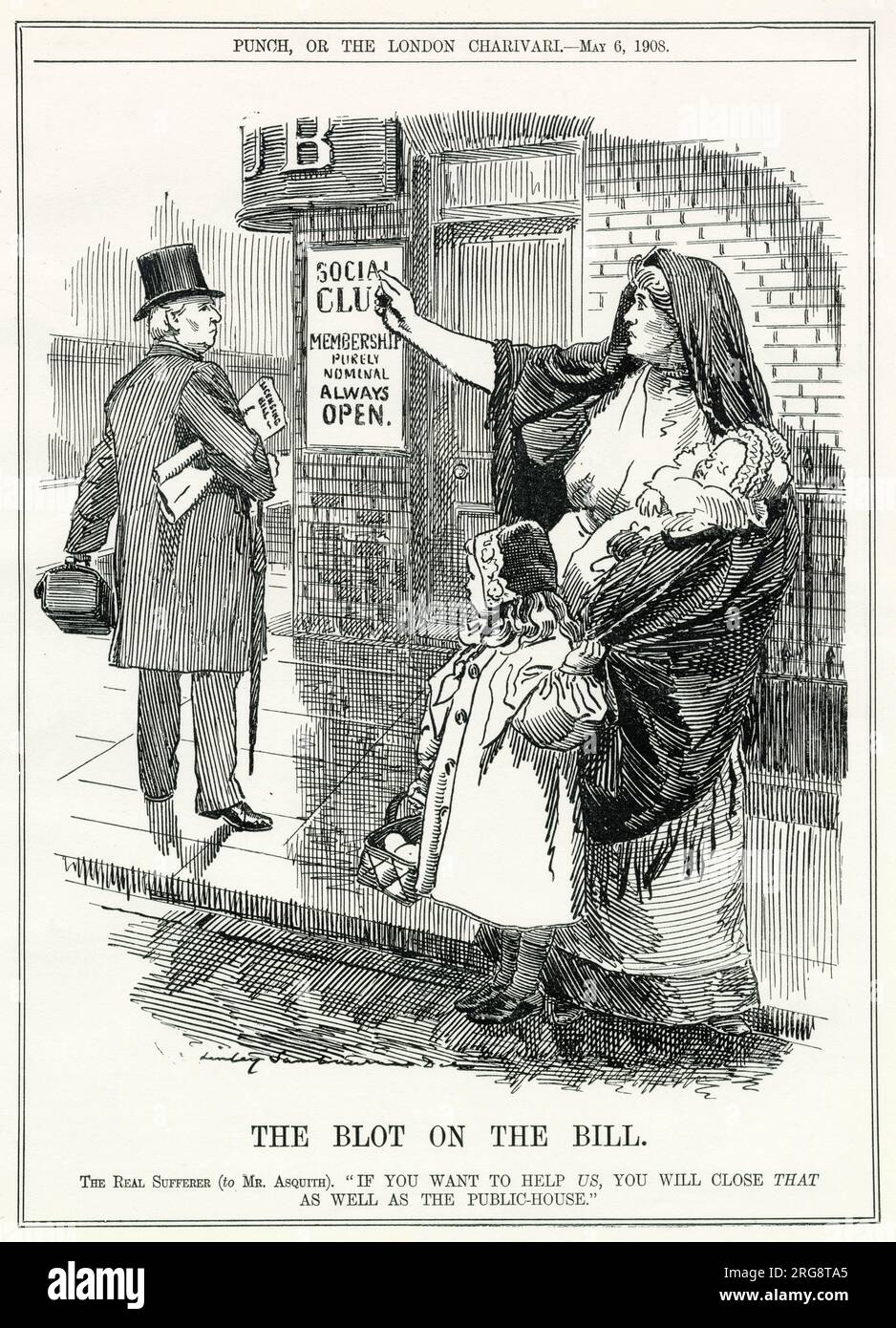 Social clubs are even more of a menace to society than pubs - or so a working class wife is represented as telling Asquith when he introduces his licensing bill for pubs Stock Photo