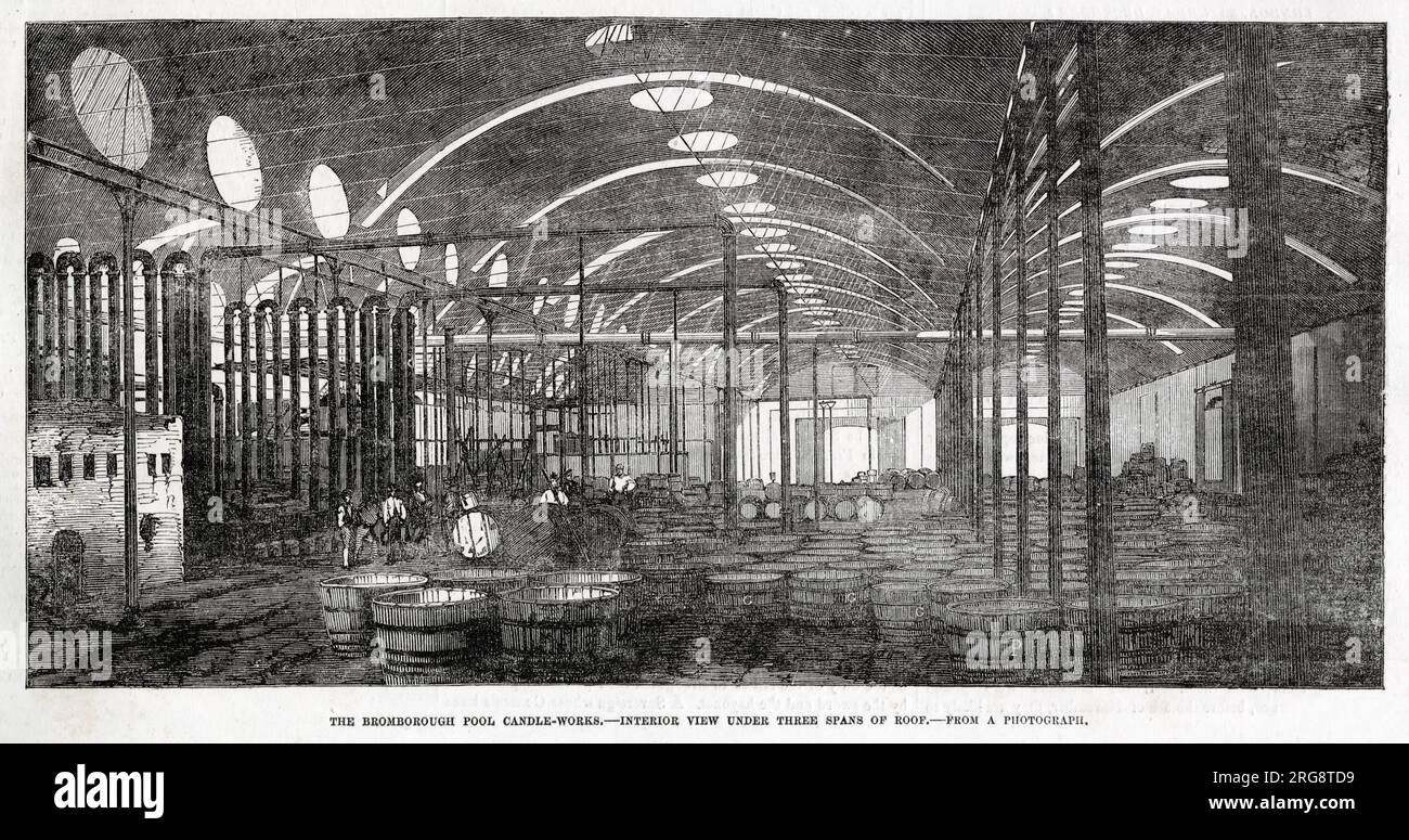 Interior view of under three spans of roof of Price's Candle Company, with their new substance of crude petroleum from Burma, to develop paraffin wax candles that had to have various processes using a new branch of chemistry. Stock Photo