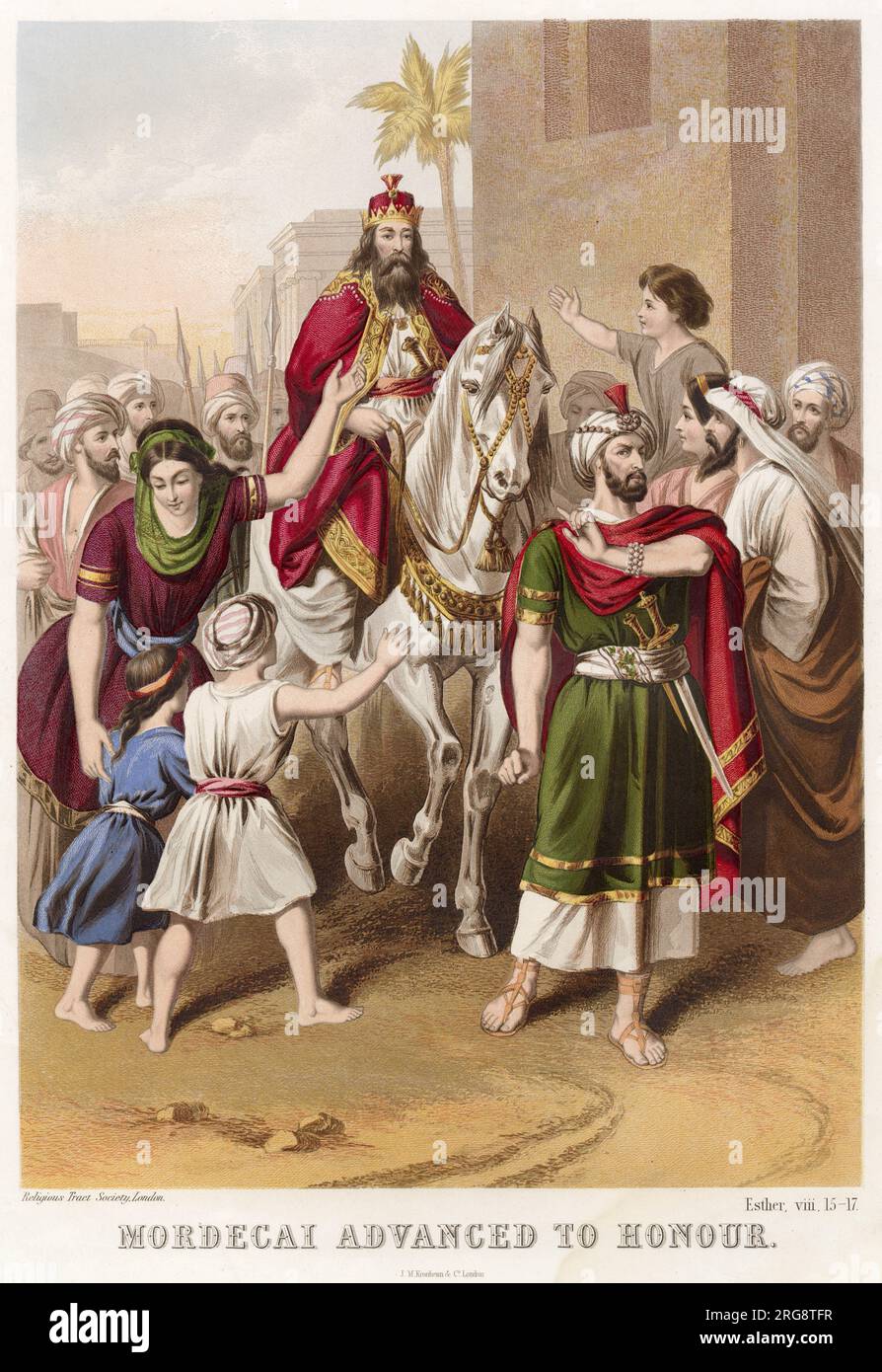 Mordecai, Esther's cousin and foster-father, is honoured by King Ahasuerus Stock Photo