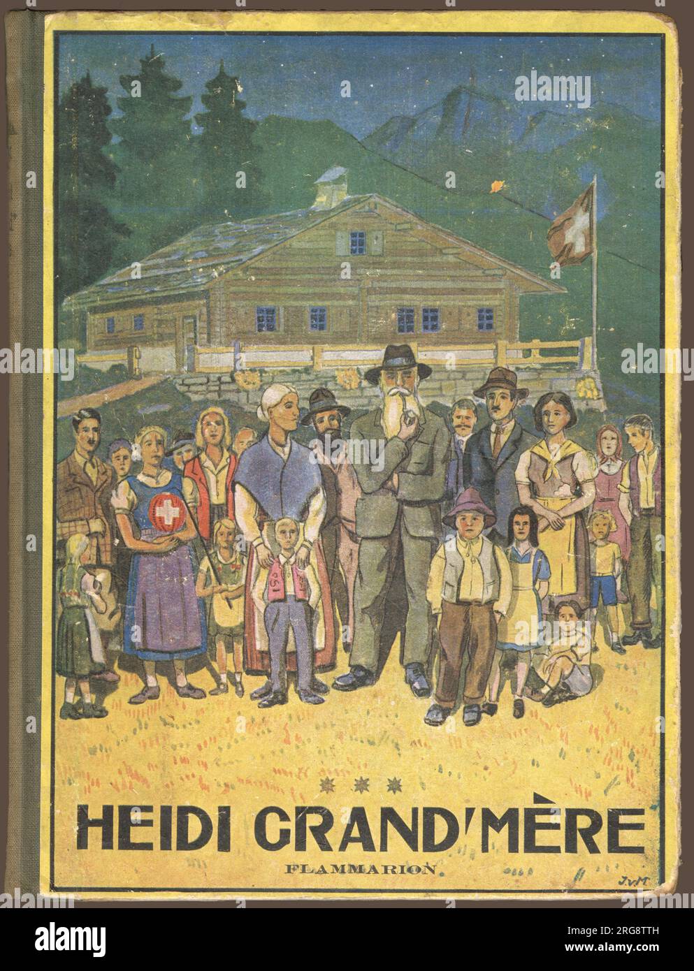 A large gathering of Swiss people, presumably Heidi's grandparents and other relatives, outside a typical Swiss building. Stock Photo