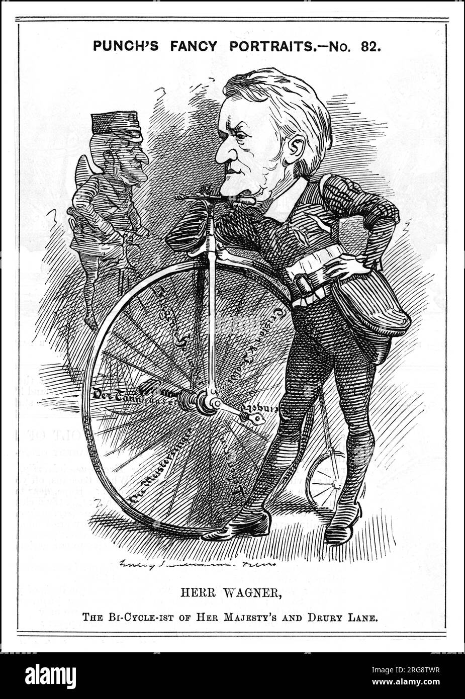 Cartoon portrait, Herr Wagner -- RICHARD WAGNER, German composer, a satirical comment on his four-opera 'Ring Cycle' at Her Majesty's and Drury Lane, London. Stock Photo