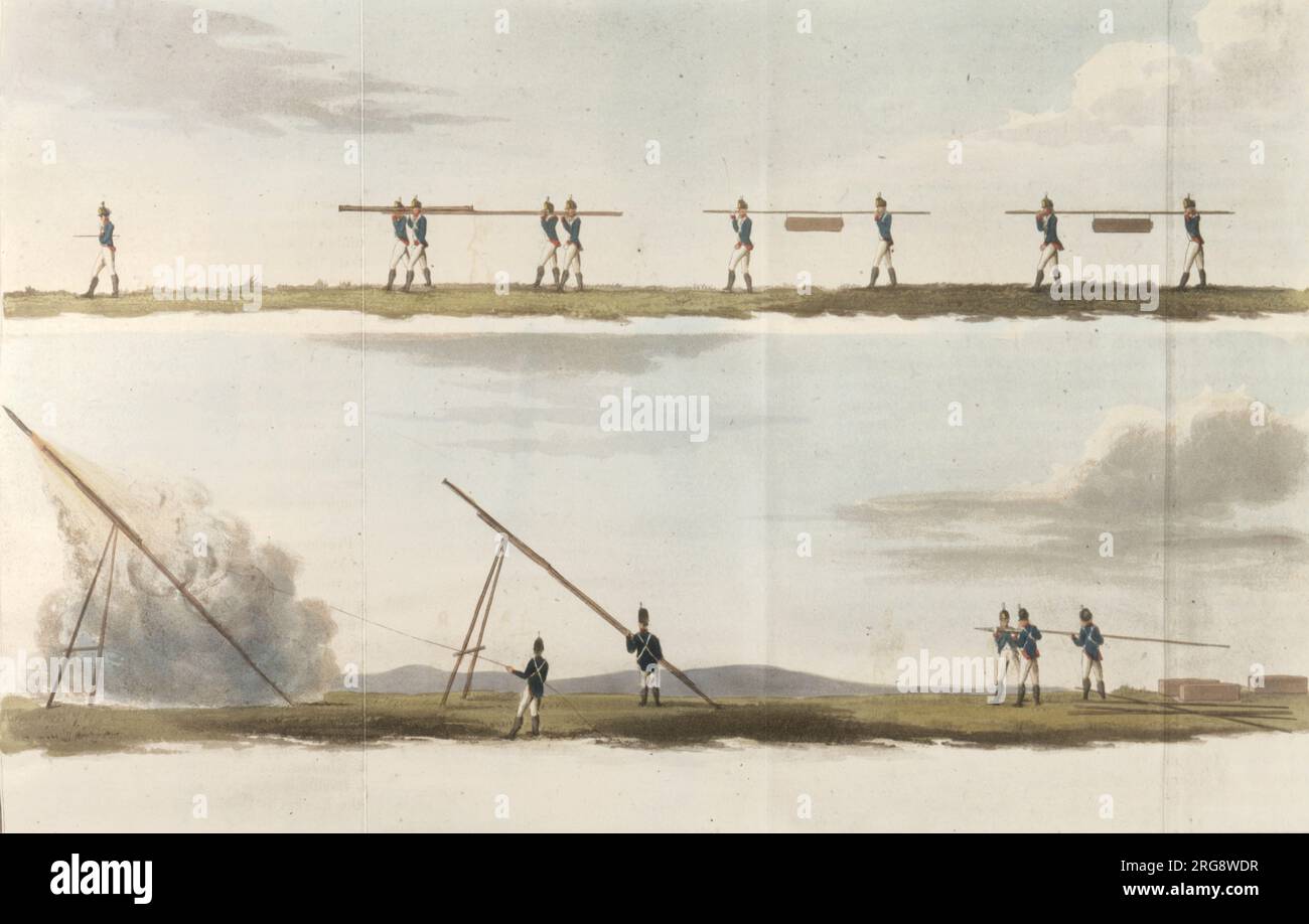 The conveyance and firing of Congreve rockets by infantrymen Stock Photo