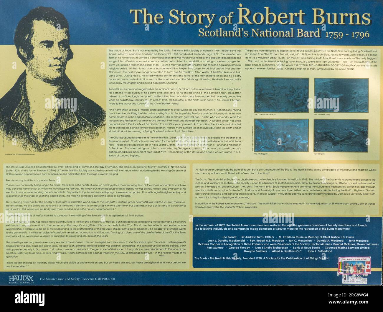the story of Robert Burns plaque in a park in Halifax Nova Scotia Canada Stock Photo