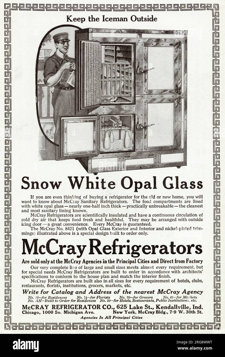 American advert for McCray Refrigerators - Snow White Opal Glass. Food compartments with run an electric motor with nickel-plated trimmings lined with white opal glass and a continuous circulation of cold dry air. Stock Photo