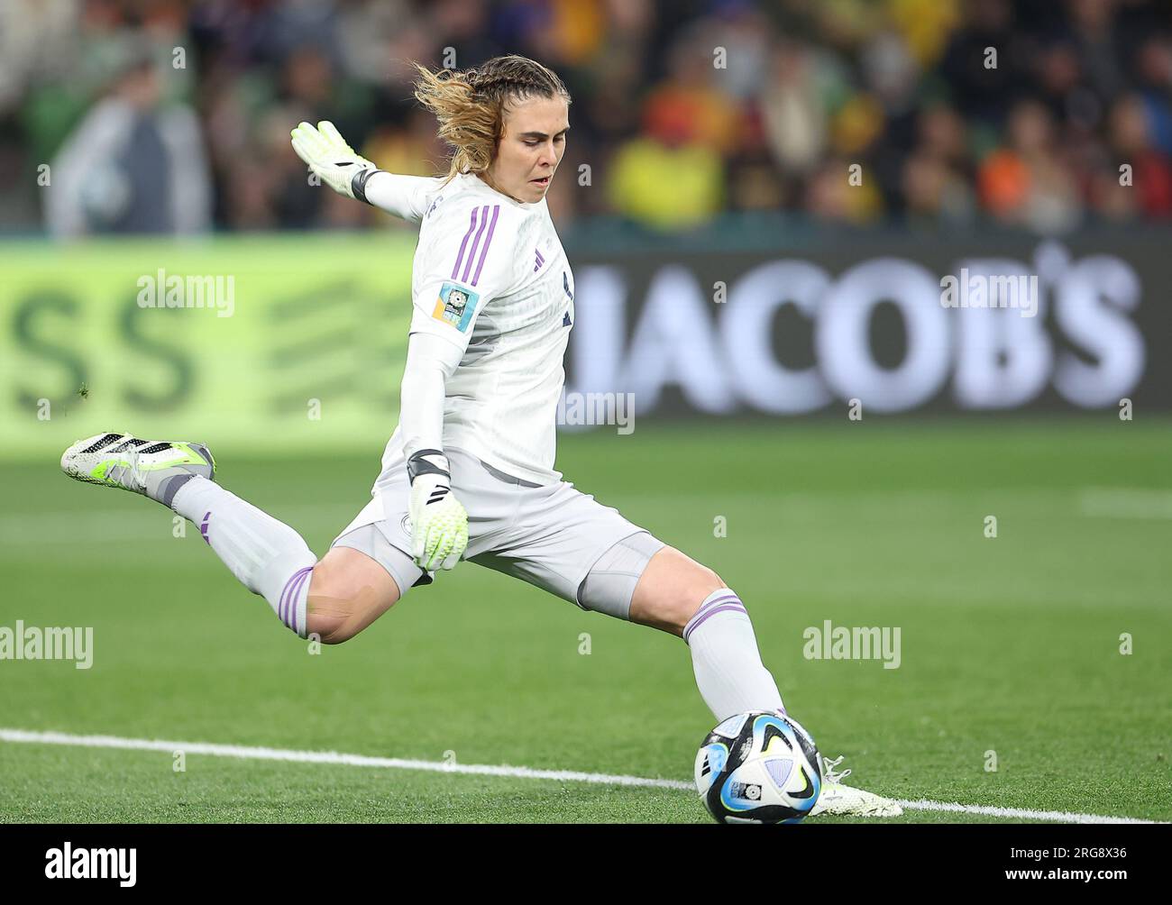 Melbourne, Australia. 8th Aug, 2023. Colombia's goalkeeper Catalina Perez passes the ball during the round of 16 match between Colombia and Jamaica at the 2023 FIFA Women's World Cup in Melbourne, Australia, Aug. 8, 2023. Credit: Ding Xu/Xinhua/Alamy Live News Stock Photo